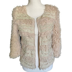 A'reve Womens Fuzzy Faux Fur Zip-Up Lace Sweater Long Sleeve Size M Cream